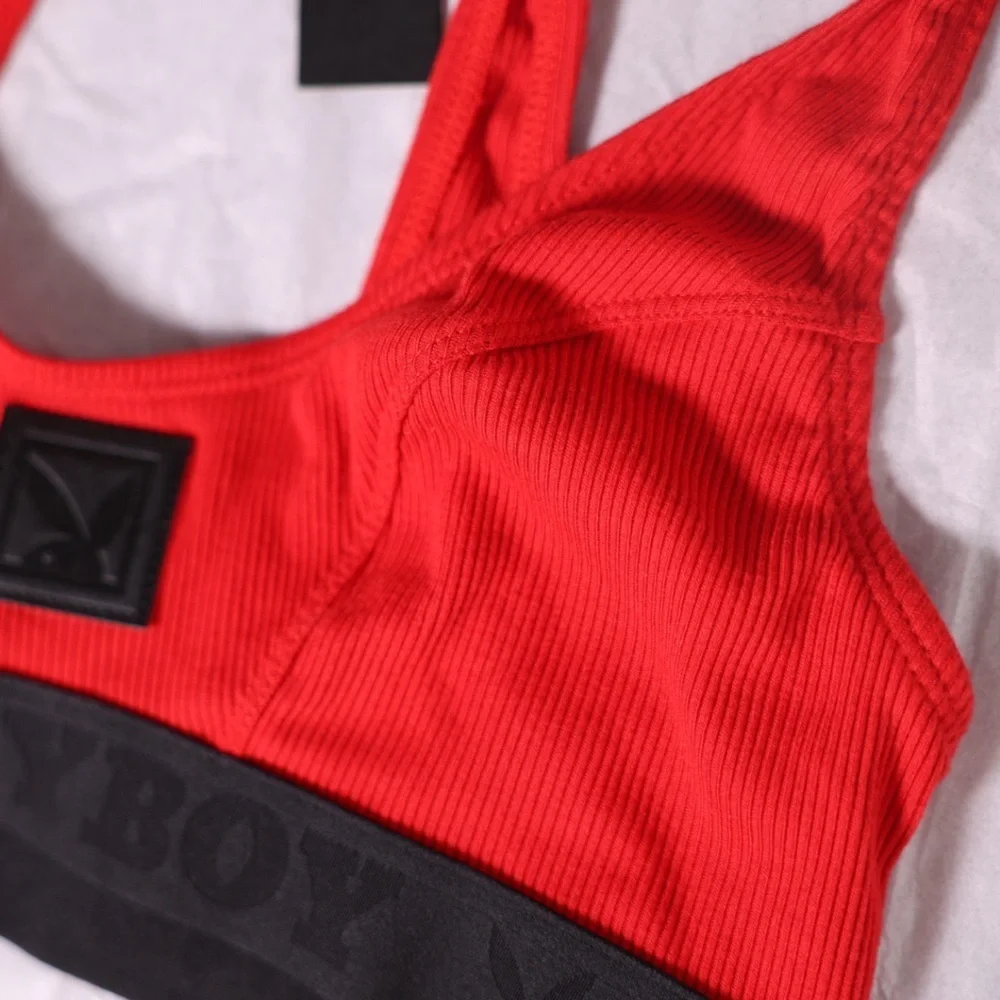 🅽🅴🆆 𝐏𝐋𝐀𝐘𝐁𝐎𝐘 Essentials Rib Scoop Neck Bra, red bralette, size Small